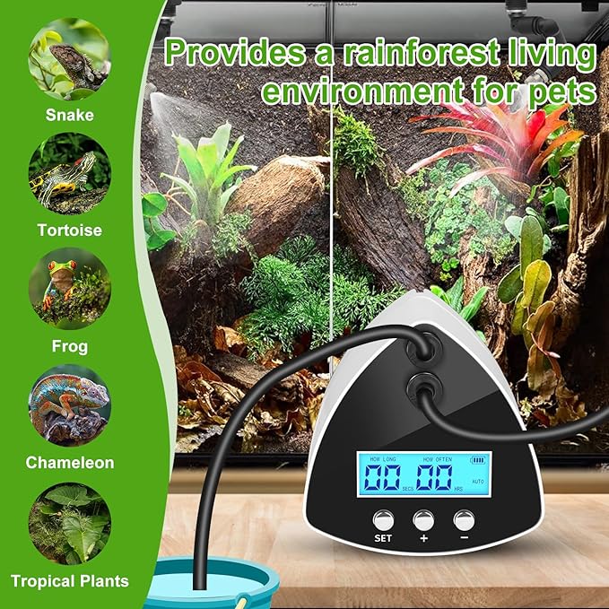 Reptile Mister System, Reptile Humidifier with LCD Screen, Mister for Reptile Tank with 2 Nozzles, Used for Chameleons, Reptiles, Tree Frogs, Snakes
