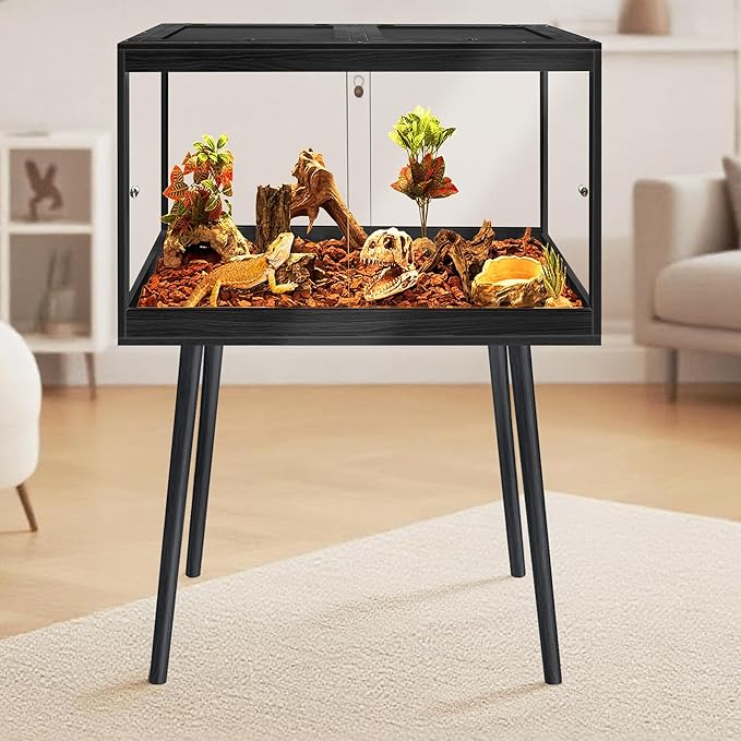 PROLEE Bearded Dragon Tank with Leg Stand 22 Gallons, Wooden Lizard Tank,Reptile Tank with Metal Mesh Roof Door, Acrylic Panel Snake Tank with Lock Design (Black, 24"x16"x16")