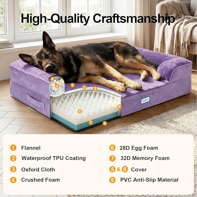 OhGeni Orthopedic Dog Bed Couch Big Cat Sofa for Extra Large Sized Pets with Memory Foam, Machine-Washable Waterproof Removable Cover, Soft Comfortable Fabric, 44-inch (Purple)