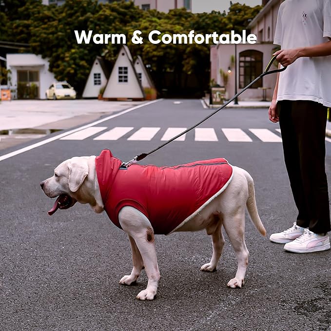 Vecomfy Fleece Lining Dog Hoodie with Harness Built in,Extra Warm Medium Dog Jacket in Winter Doggie Coats with Hooded,Red L