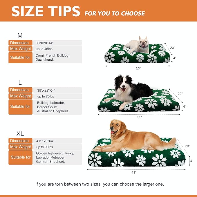 Dog Beds for Extra Large Dogs, Cute Thick Dog Bed for Crate Kennel, Fluffy Pet Bed with Removable Washable Cover and Anti-Slip Bottom, 41"x 28", Green Flower