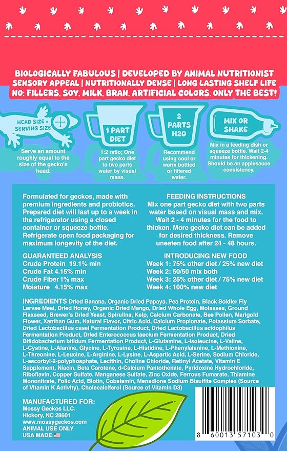 Complete Gecko Diet for Fruit and Insect Eating Geckos, 2 oz & 16 oz, with Human-Grade Dried Fruit, Probiotics and Vitamins (16 oz, Papa Power - Papaya, Mango & Banana)