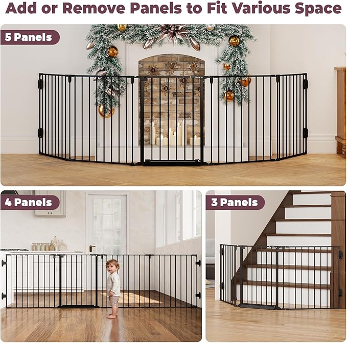 127.5" Extra Wide Baby Gate for Fireplace Christmas Tree, Configurable 5 Metal Panels Baby Fence, Child Gate for Wide Openings with Anti-Trip Pedal, Long Kid Gate for Dog Pet, 28'' Tall Black