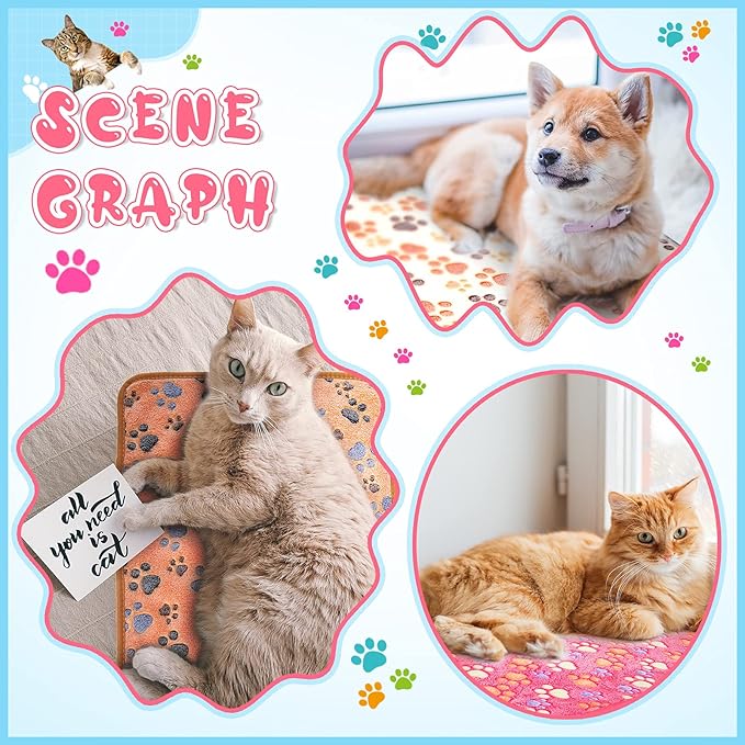 Tatuo 4 Pcs Dog Blanket for Pet Cat Blankets Indoor Puppy Teething Stuff Toys Paw Print Fleece Blanket Warm Sleep Mat for Guinea Pig Cage(Pink,Small(24 x 16 Inch),Square)