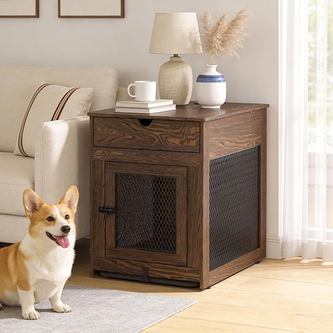 Piskyet Dog Crate Furniture,Wooden Dog Crate End Table with Storage Drawer&Cushion&Tray, QC3.0 Wireless Charging,Dual USB,Small Dogs Rustic Style