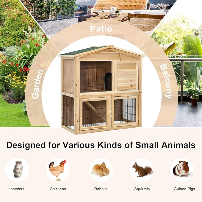 Tangkula Wood Chicken Coop and Rabbit Hutch, Indoor Outdoor Bunny Hutch with Ramp & Run, Hen Guinea Pig Cage with Waterproof Roof Ventilation Door, Pet House for Small Animals, 40 x 18.5 x 35.5 Inch