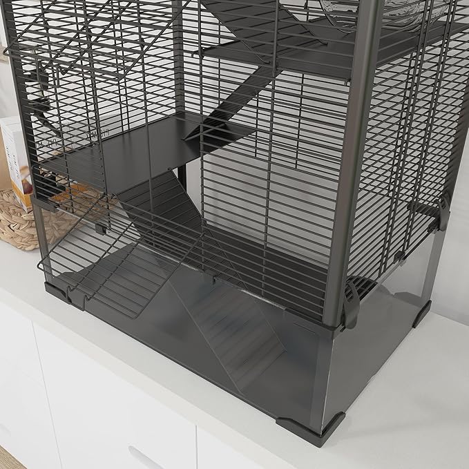 PawHut Large Hamster Cage with 9" Deep Tempered Glass Bottom, 4 Tiers Hamster Tank with Running Wheel, Hut, Water Bottle, Dish, Rat Cage for Syrian, Dwarf, Gerbils, Mouse, 24" x 16" x 31.5", Black