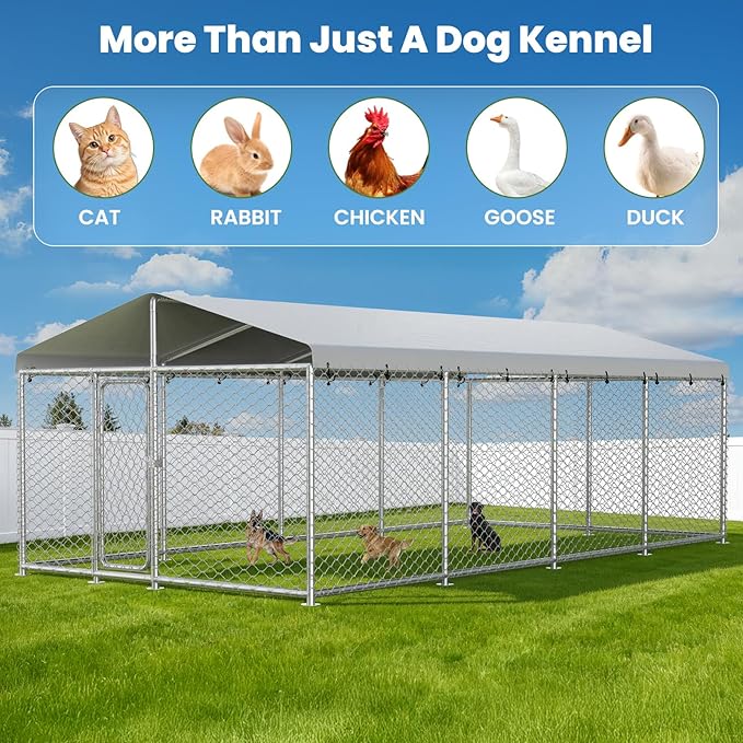 20x10 FT Heavy Duty Outdoor Dog Kennel with Waterproof Cover, UV-Resistant Roof, and Secure Locking Mechanism for Dogs, Durable Metal Enclosure for All Weather Conditions(240x120x84IN)