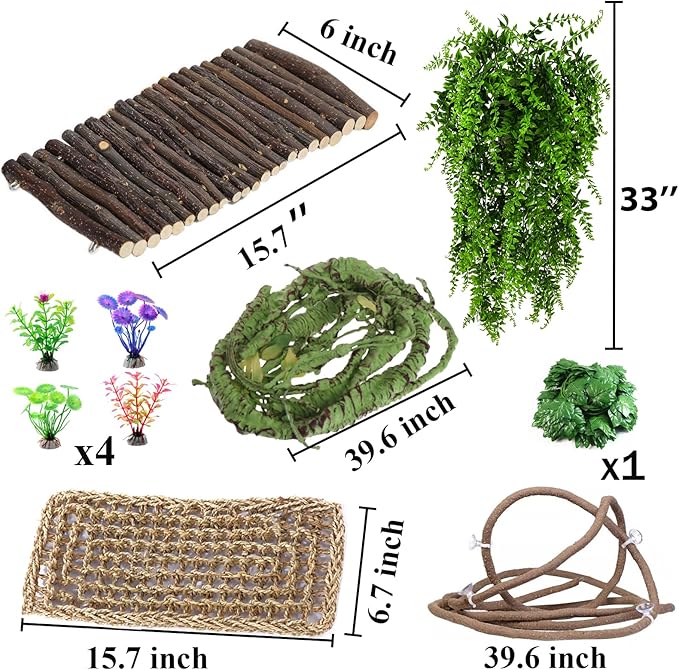 RUNANIA Bearded Dragon Tank Accessories, 10 PCS Reptile Hammock Plants Bridge Jungle Climber Vines for Snakes Bearded Dragon Chameleon Gecko Lizard