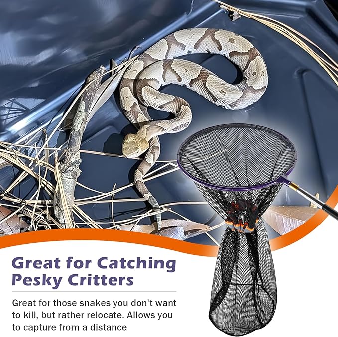 Snake Catcher Net, Rattlesnake Grabber Handling Tool Reptile Closure Net Snake Grabber Tool with 16“ to 60" Telescopic Pole Stick, 12" Ring, Secure Drawstring for Transporting and Capturing Snakes