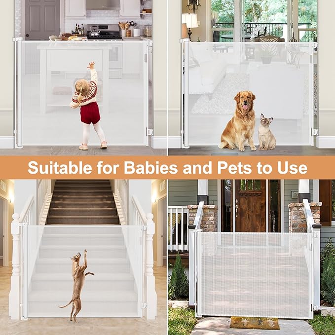 48" Tall Baby Gate for Doorway Retractable Baby Gate No Bottom Bar 4 Ft Extra Tall Gates for Cats 85" Wide Anti-Scratch Mesh Gates for Kids or Pets Prevent Dogs and Cats from Jumping Over, White
