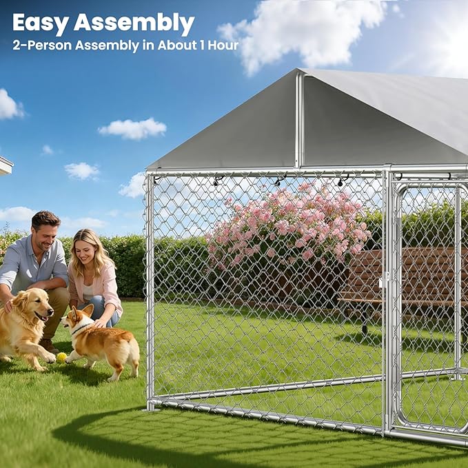 8.3x8.3 FT Heavy-Duty Outdoor Dog Kennel with Waterproof Cover, UV-Resistant Roof, Secure Locking Mechanism for Large Dogs, Metal Enclosure for All Weather Conditions(100x100x85IN)