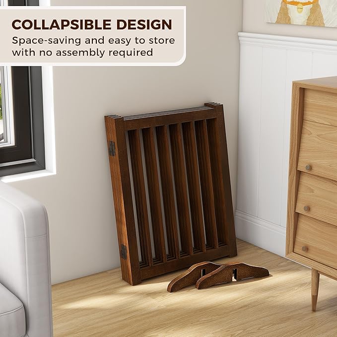 Solid Wood Freestanding Pet Gate - 4 Panels 24" - Folding Safety Fence with 2 Support Feet - Ideal for Stairs, Doorways, Halls, Kitchens - Indoor Wooden Dog Gate - Walnut Color