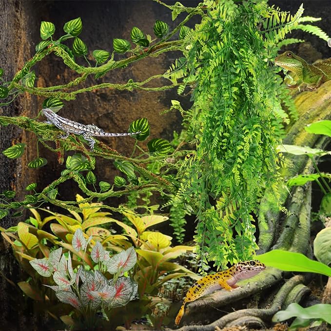 Reptile Plants, Terrarium Hanging Plant Vines Artificial Leaves Reptile Hide, Leopard Gecko Tank Accessories, Terrarium Decorations for Bearded Dragon Lizard Snake Geckos Chameleon