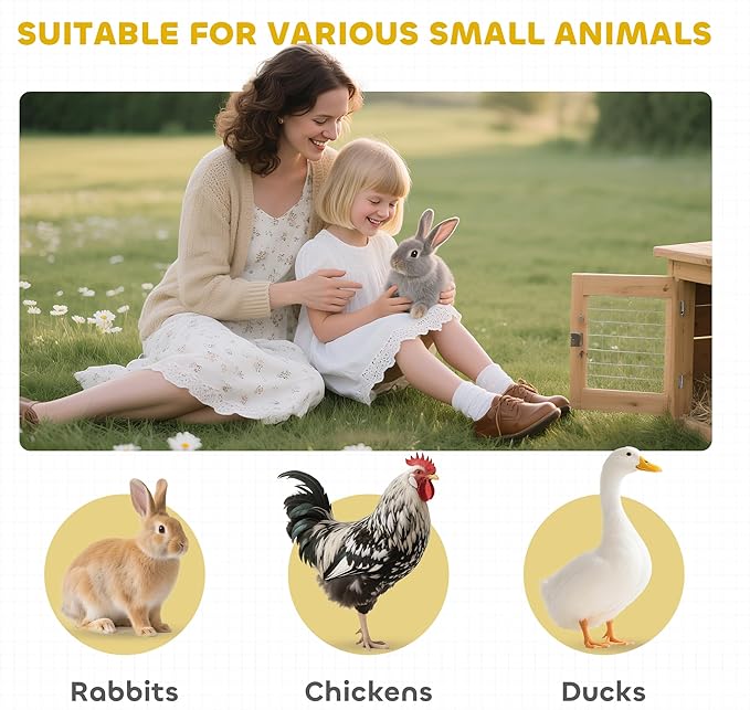 PawHut 46" x 24" Wooden A-Frame Outdoor Rabbit Hutch, Small Animal Cage, Bunny Hutch with Outside Run & Ventilating Wire, Yellow