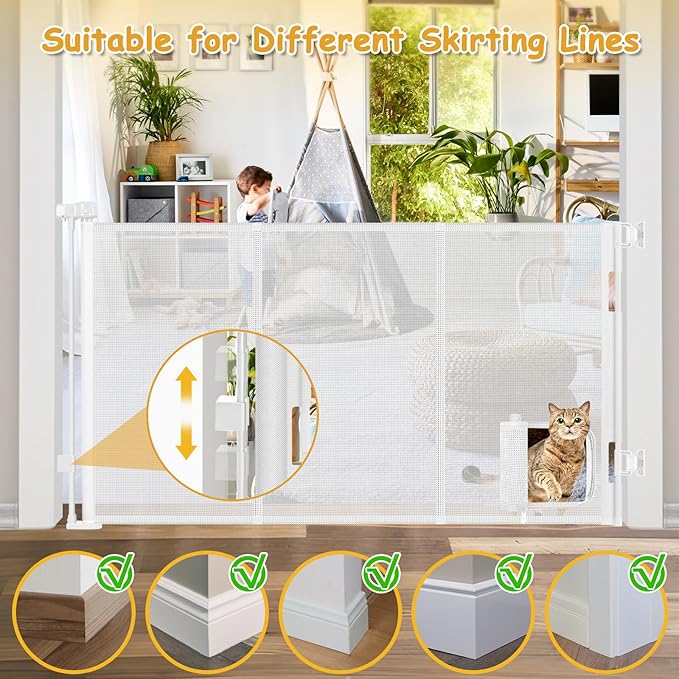 Reinforced 60” Wide Retractable Pet Gate with Cat Door Mesh Baby Gate for Stairs with Reinforced Strips Retractable Dog Gates with Cat Door Mesh Dog Gates for Doorways Separating Dogs from Cats, White