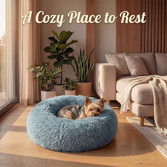 Extra Small Dog Bed 19 Inch,Calming Donut Puppy Bed,Ultra Soft Faux Fur Round Dog Bed for Chihuahua Yorkie Maltese Pomeranian,Blue