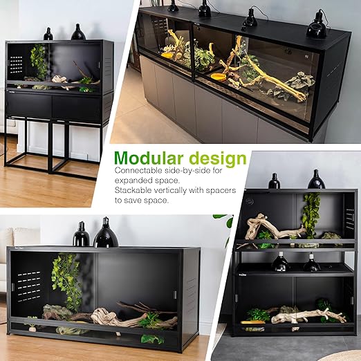 PVC Reptile Enclosure 3 Tier 40"x16"x16" with Spacers, 44 Gallon Reptile Tank Habitat, Space Saving Stackable Reptile Terrarium for Bearded Dragon Gecko Snake Lizard, Sliding Glass Doors Lock