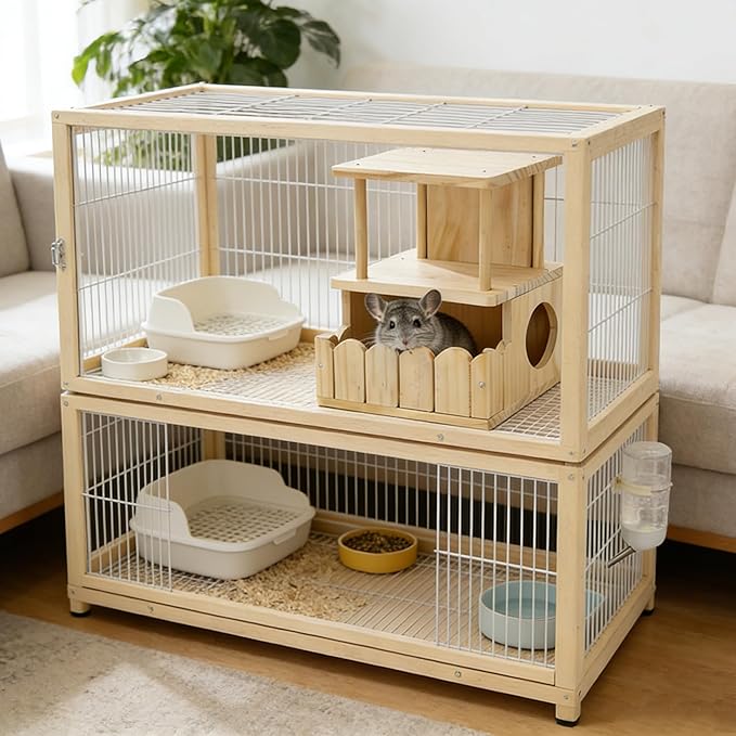 Chinchilla Hideout Wooden Hides for Guinea Pigs, Small Animal Nature Wood House Chinchilla Cage Accessories for Hamster, Squirrel, Sugar Gliders etc (2-Layer)