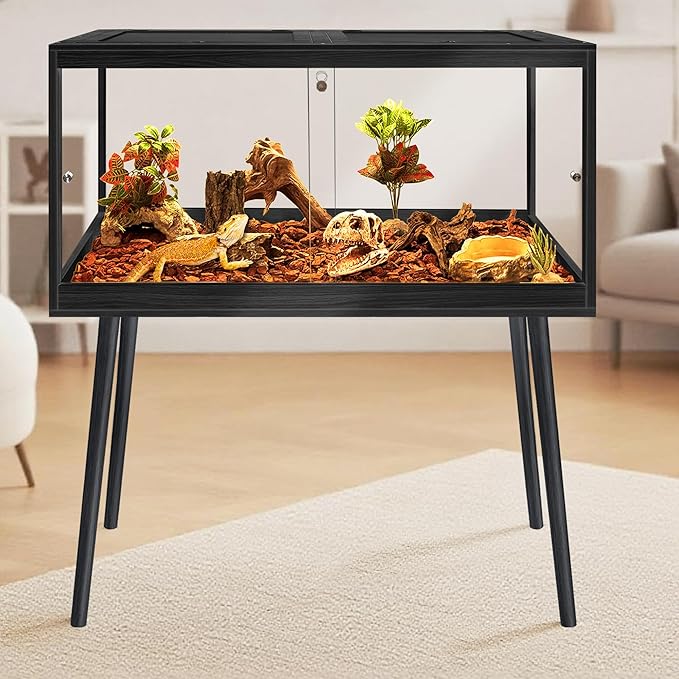 PROLEE Bearded Dragon Tank with Leg Stand 34 Gallons, Wooden Lizard Tank,Reptile Tank with Metal Mesh Roof Door, Acrylic Panel Snake Tank with Lock Design (Black, 32"x16"x16")