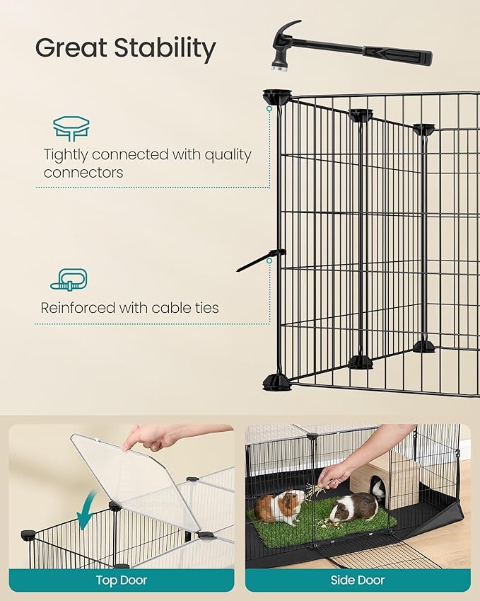 SONGMICS Guinea Pig Cage, Rabbit Cage, Small Animal Playpen with Waterproof Mat, Top and Side Door, 20 Panels, 48.4 x 24.8 x 16.3 Inches, Ink Black ULPI011BH01