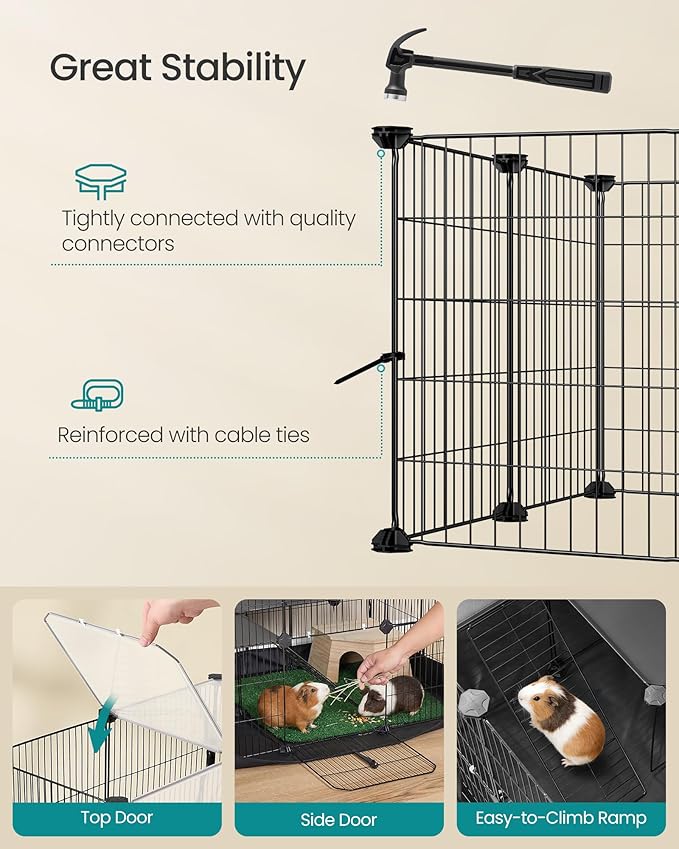 SONGMICS 2-Tier Guinea Pig Cage, Rabbit Cage, Small Animal Playpen with Waterproof Mat, Top and Side Door, 35 Panels, 36.6 x 24.8 x 24.2 Inches, Ink Black ULPI016BH01