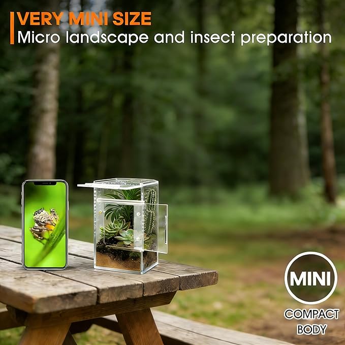 Jumping Spider Enclosure, Small Acrylic Spider Terrarium, Tarantula Spider Box, Magnetic Front & Top Opening, Bug Habitat for Jumping Spiders, Tarantulas, Praying Mantis, Snails