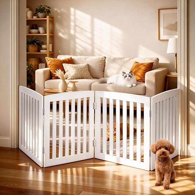 DUMOS Pet Gate for Dogs and Cats, 24 Inch 4 Panels Foldable Wooden Freestanding Dog Gate with Hinge Design, Indoor Portable Extra Wide Dog Fence Pet Barrier for Doorways, Stairs, Kitchen, White