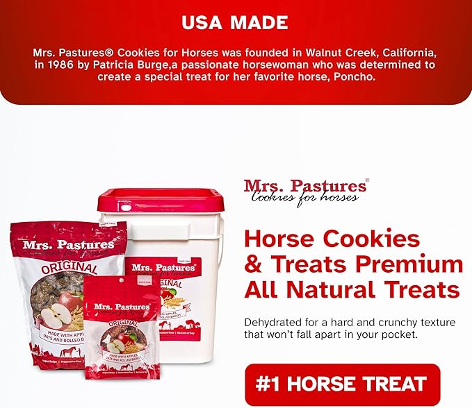 Mrs Pastures Cookies and Treats for Horses - Premium Horse Treats - Made with Apples, Oats, and Rolled Barley - Preservative Free - All Natural Ingredients - No Corn or Soy (15lb Bucket)