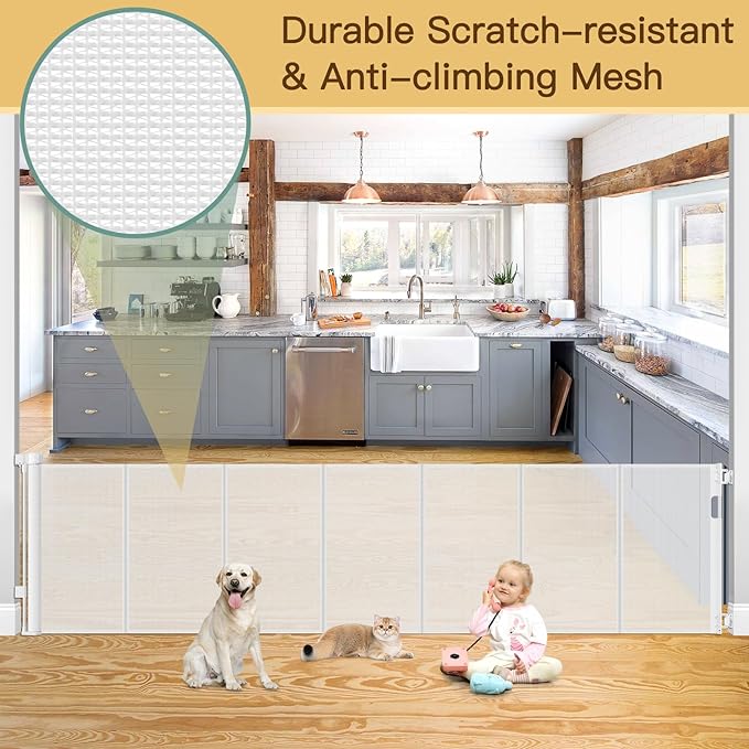 Reinforced 200 Inch Retractable Baby Gates Extra Wide Baby Gate for Large Openings, XL No Sag and Wrinkle Mesh Pet Gates for Wide Openings, Indoor/Outdoor 16 ft Retractable Garage Gate, White