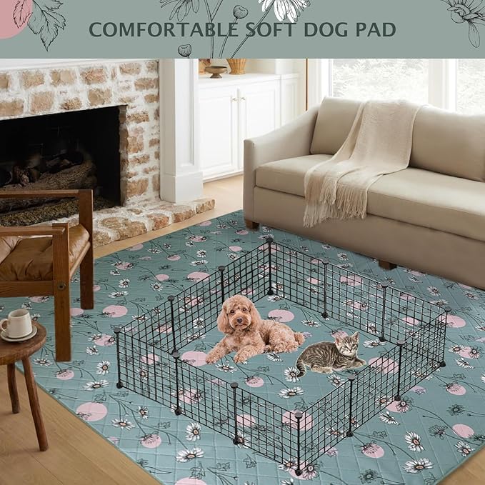 IEUUMLER Washable Pee Pads for Dogs, 1 Pack Non-Slip & Waterproof Pack Whelping Pad, Reusable Washable Puppy Potty Training Pad with Fast Absorbent for Playpen EU007 (Green Daisy, 63"X63"-1pcs)