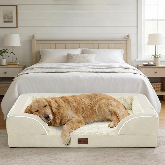 Orthopedic Dog Beds for Large Sized Dogs, Waterproof Memory Foam Large Pet Bed with Sides 36x27Inch, Non-Slip and Egg-Crate Foam Big Dog Couch Bed with Removable Washable Cover, Beige