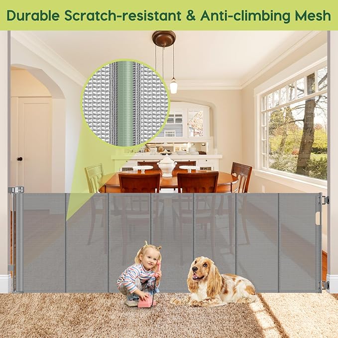 Reinforced 80 Inch Extra Wide Retractable Dog Gate to Prevent Crawling Through, Super Wide XL Retractable Baby Gates for Dog Indoor, Long Baby Gates Indoor Extra Long, Outdoor Mesh Pet Gate, Gray