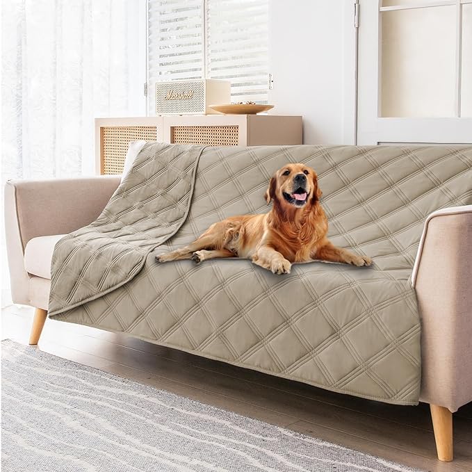 fuguitex Waterproof Dog Blanket Reversible for Small Dogs Resistant Leakproof Washable Couch Cushion Bed Protector Cover for Indoor Furniture Pet Friendly(82"*82",Brown+Khaki+Khaki