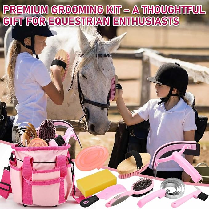 Cunhill 9 Pcs Horse Grooming Kit Tack Room Supplies Set with Tote Bag, Oval Massage Curry, Hard and Soft Brush, Hoof Pick, Sweat Scraper, Bathing Sponge, Comb for Horse Rider(Classic,Pink)