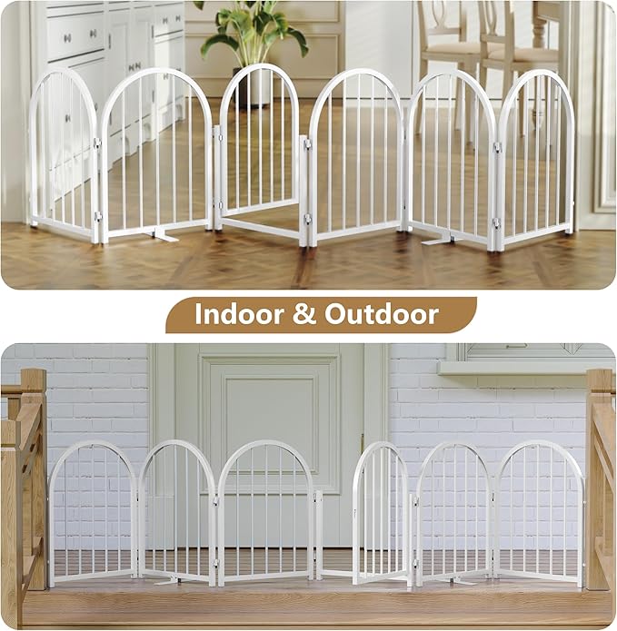 PUPETPO Full Metal Dog Gate with Door for Indoor Outdoor, 24" Tall Free Standing Pet Dog Fence, 108" Extra Wide Pet Gates for Stairs, Hallways, Doorways, Kitchen, Decks, Yards (White, 6 Panels)