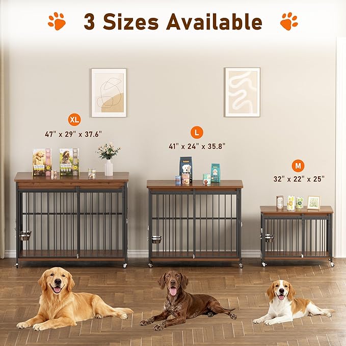 Cofiyard Dog Crate Furniture, 48’’ Wooden Dog Kennel Indoor with Sliding Front Door, Multi-Side Openings & Feeding Window Pet Cage House as TV Stand(Brown)