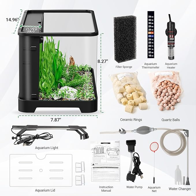 3.5 Gallon Self Cleaning Fish Tank, Aquarium Starter Kit for Betta, Small Fish & Shrimp, Betta Fish Tank with Heater, Thermometer Strip, LED Light, Hidden Filtration System and Water Changer Kit