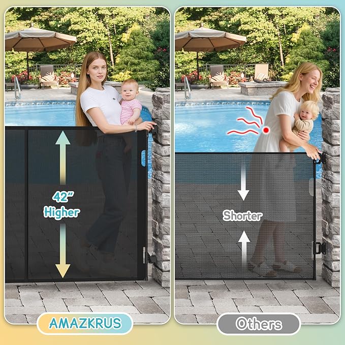 200'' Retractable Baby Gates Extra Wide, 42'' Extra Tall Retractable Dog Gate, 16 FT Black Indoor/Outdoor Retractable Gate with Reinforcement Rods for Garage, Doorways, Stairs, Decks, Driveway, Patio