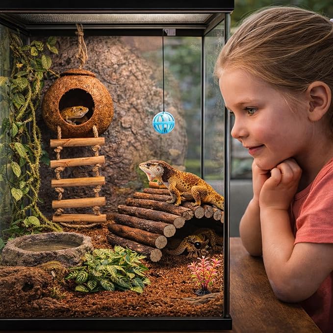RUNANIA Crested Gecko Tank Accessories,Reptile Vines Plants with Coconut Shell Ladder Hideout Hermit Crab Decor for Bearded Dragon Lizard Chameleon Tortoise Snake
