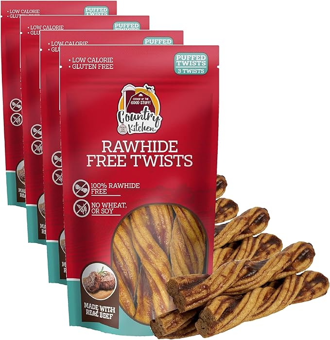 Country Kitchen Rawhide Free Beef Twists Dog Chews,Made with Real Beef, Highly Digestible, Gluten Free, 3 Count (Pack of 4)