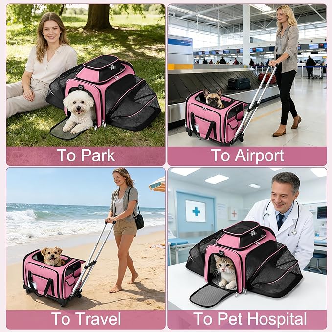 Airline Approved Pet Carrier with Wheels, Top & Side Expandable Soft-Sided Bag, 18x11x11 inches Fits Under Seat for Small Dogs Cats, Double-Sided Mat & ID Card for Travel Vet Visits Camping