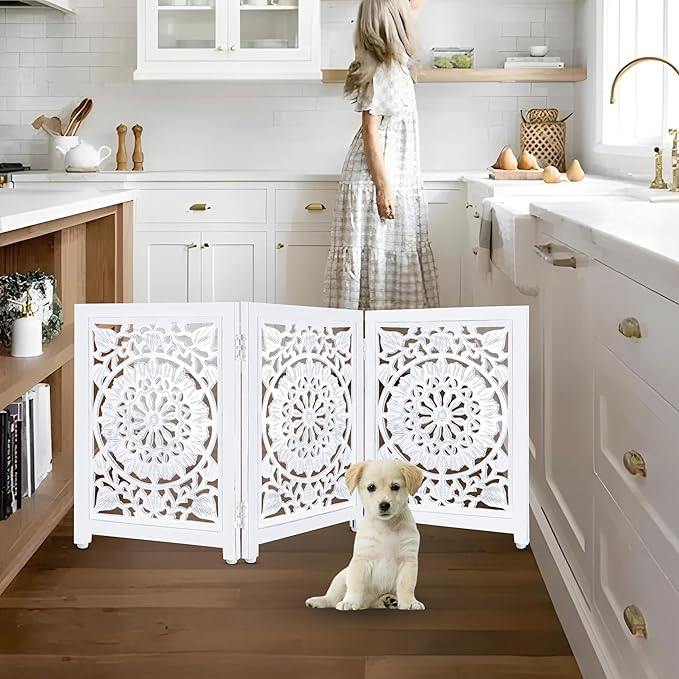 Lightnpro Wooden Dog Gate - Adjustable Freestanding Foldable Pet Safety Barrier for Indoor Use, Stylish Extra-Wide Fence for Dogs & Small Pets, Ideal for Stairs & Doorways - 24x54 Inch Antique White