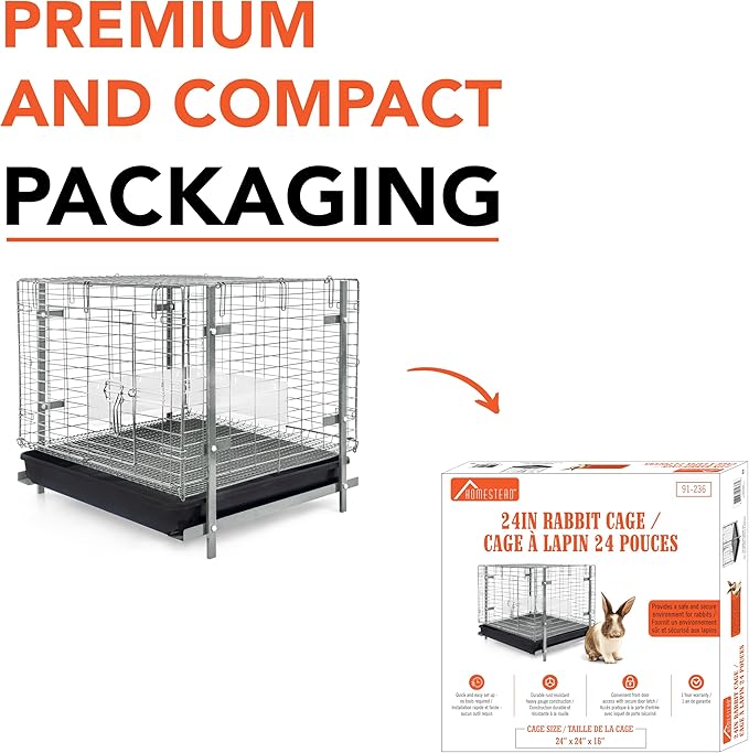 HOMESTEAD Rabbit Cage with Pull-Out Tray – 24 Inch Bunny Cage, Metal Rabbit Breeding Cage, Dual Access Doors, Waterproof Bottom & Urine Guard