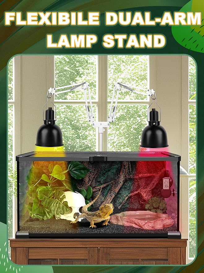 Dual Reptile Light Stand, Heat Bulb Stand (15.7 to 74.3 inch) with 2 Adjustable 360° Swing Arms for Terrarium, Reptile Heat Lamp Stand for Bearded Dragons, Turtles, and Chameleons (White)