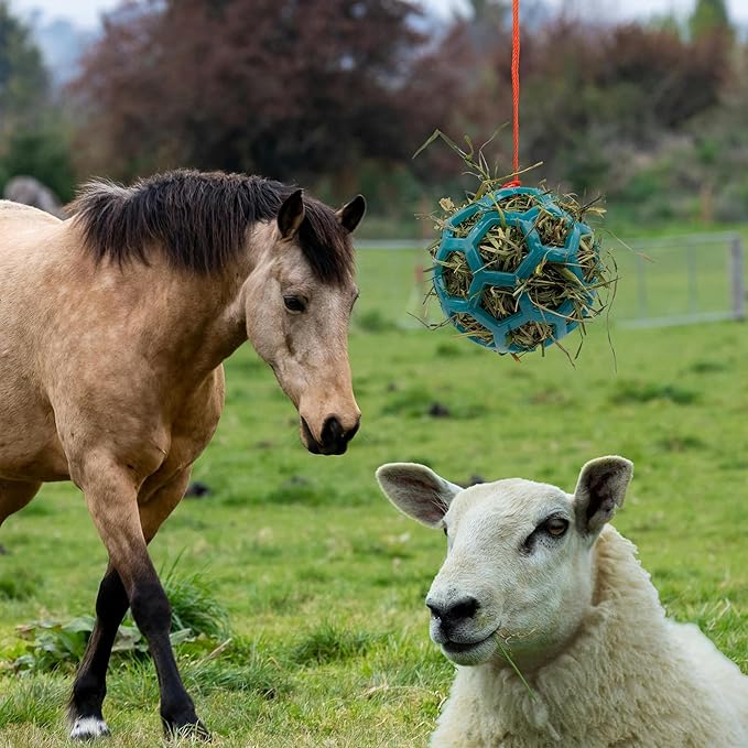 mayoken® 4 Pack Horse Treat Ball Hay Feeder Toy – Durable TPR Hanging Feeding Toy for Horse, Goat, Sheep & Pony – Enrichment to Relieve Stress & Prevent Boredom (Red + Blue)