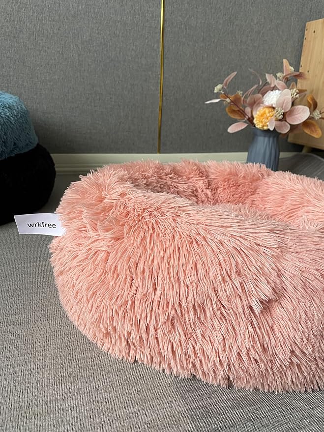 Extra Small Dog Bed 19 Inch,Calming Donut Puppy Bed,Ultra Soft Faux Fur Round Dog Bed for Chihuahua Yorkie Maltese Pomeranian,Pink