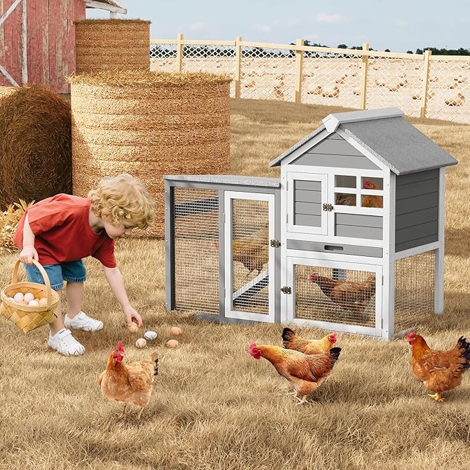 GarveeLife Small Wooden Chicken Coop, 2-Story Rabbit Hutch Indoor Outdoor with Waterproof Roof, Bunny Cage with Pull Out Tray and a Wooden Ramp