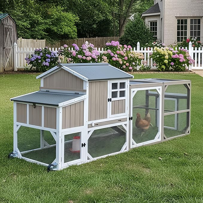 Large Chicken Coop with Run & Wheels, Portable Outdoor Hen House for 3-6 Chickens, 3 Nesting Boxes, Quail Hutch & Poultry Cage, Removable Tray & Ramp (95.3" L Grey)