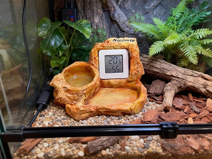 Reptile Rock-Shaped Thermometer & Hygrometer Combo with Food & Water Bowls - Multi-Functional Feeding & Hydration Station for Lizards, Geckos, Snakes & More